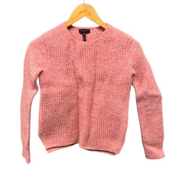 rag & bone Merino Wool Sweater Womens XS Pink‎ Ribbed Long Sleeve Elbow Patch - Picture 1 of 10
